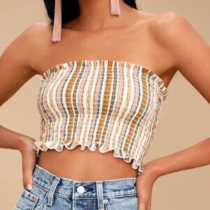 Lulus Bonita Rust Orange Striped Smocked Crop Top - Size S